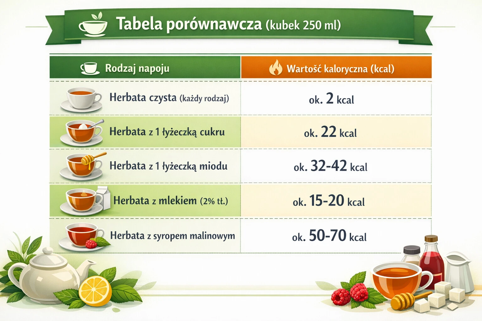 Jak dodatki do herbaty wpływają na jej kaloryczność? - tabela porównawcza