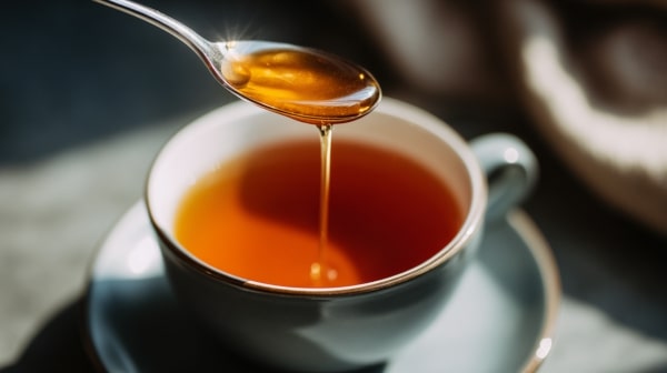 Filiżanka herbaty i łyżeczka miodu