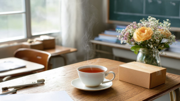 Filiżanka gorącej herbaty, bukiet kwiatów i niewielki prezent na biurku nauczyciela