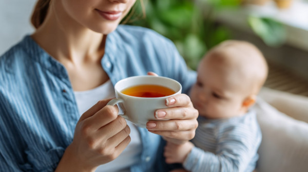Kobieta z dzieckiem pijąca lekką herbatę