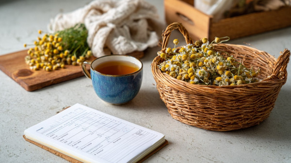 Świeży i suszony rumianek oraz filiżanka herbaty