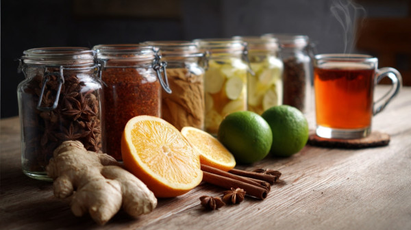 Słoiki z przyprawami, pomarańcza, imbir i limonka, obok szklanka herbaty